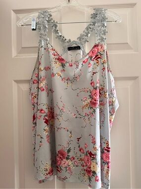 Floral Lace-Trim Tank Top - Light Gray with Pink Roses